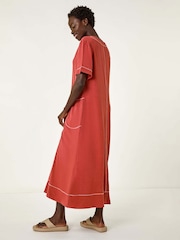 Roman Brown Contrast Stitch Detail A-Line Dress - Image 2 of 5