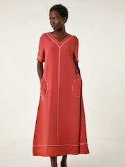 Roman Brown Contrast Stitch Detail A-Line Dress - Image 3 of 5