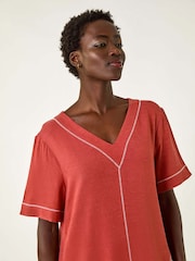 Roman Brown Contrast Stitch Detail A-Line Dress - Image 4 of 5