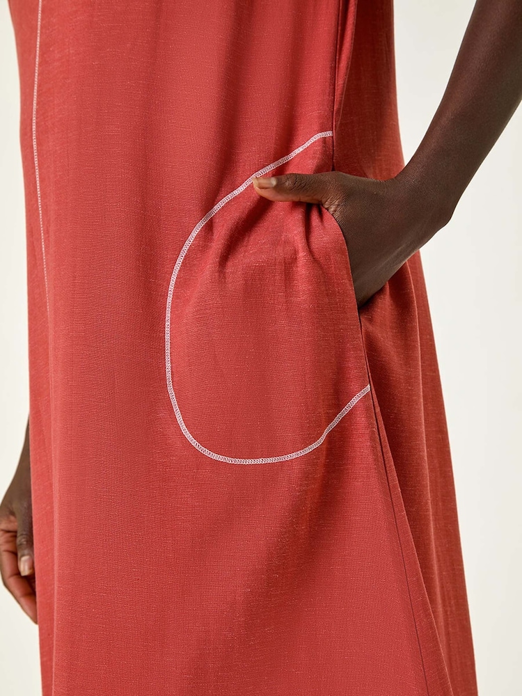 Roman Brown Contrast Stitch Detail A-Line Dress - Image 5 of 5