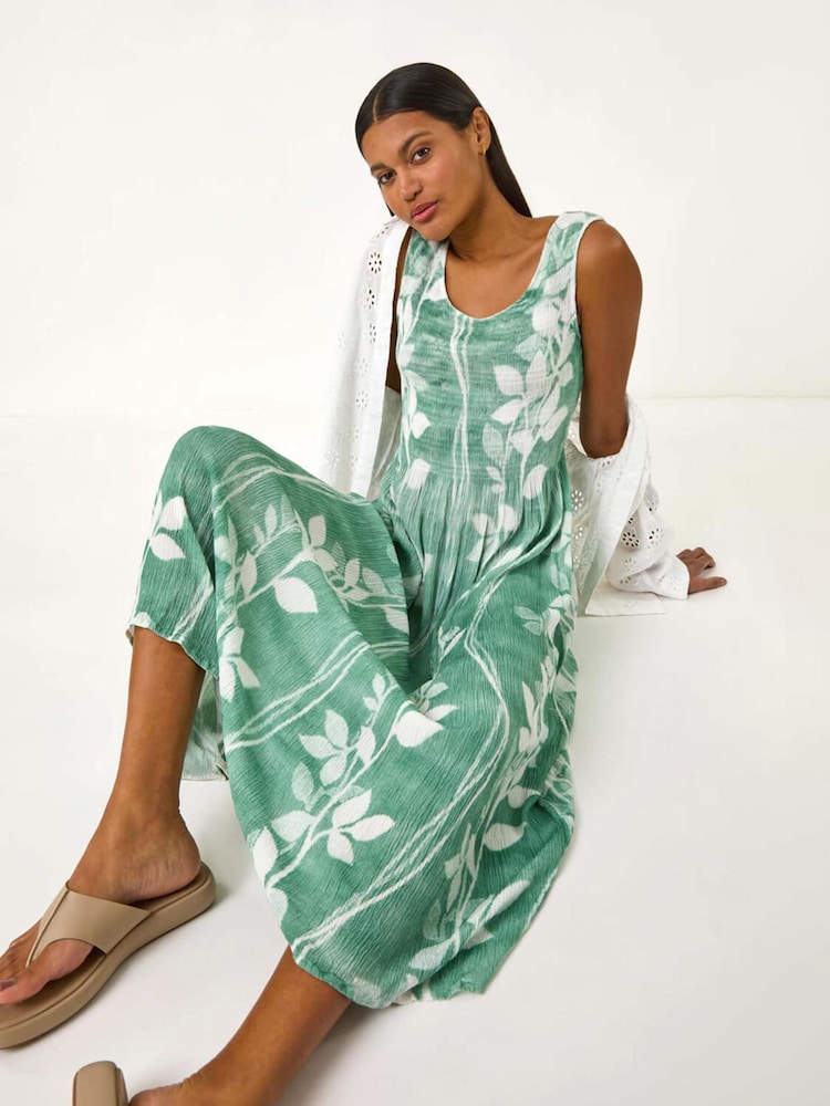 Roman Blue Leaf Print Shirred Bodice Midi Dress - Image 1 of 5