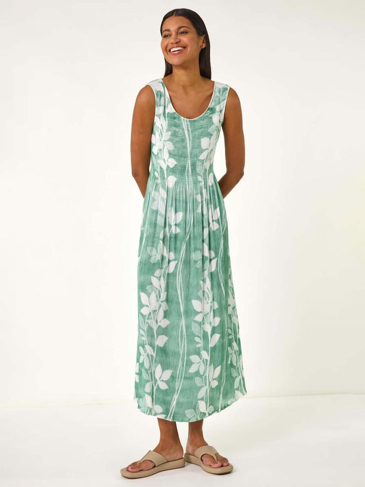 Roman Blue Leaf Print Shirred Bodice Midi Dress - Image 2 of 5