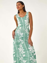 Roman Blue Leaf Print Shirred Bodice Midi Dress - Image 4 of 5