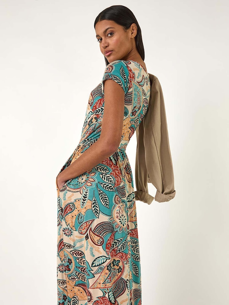 Roman Blue Paisley Print Short Sleeve Midi Dress - Image 1 of 5