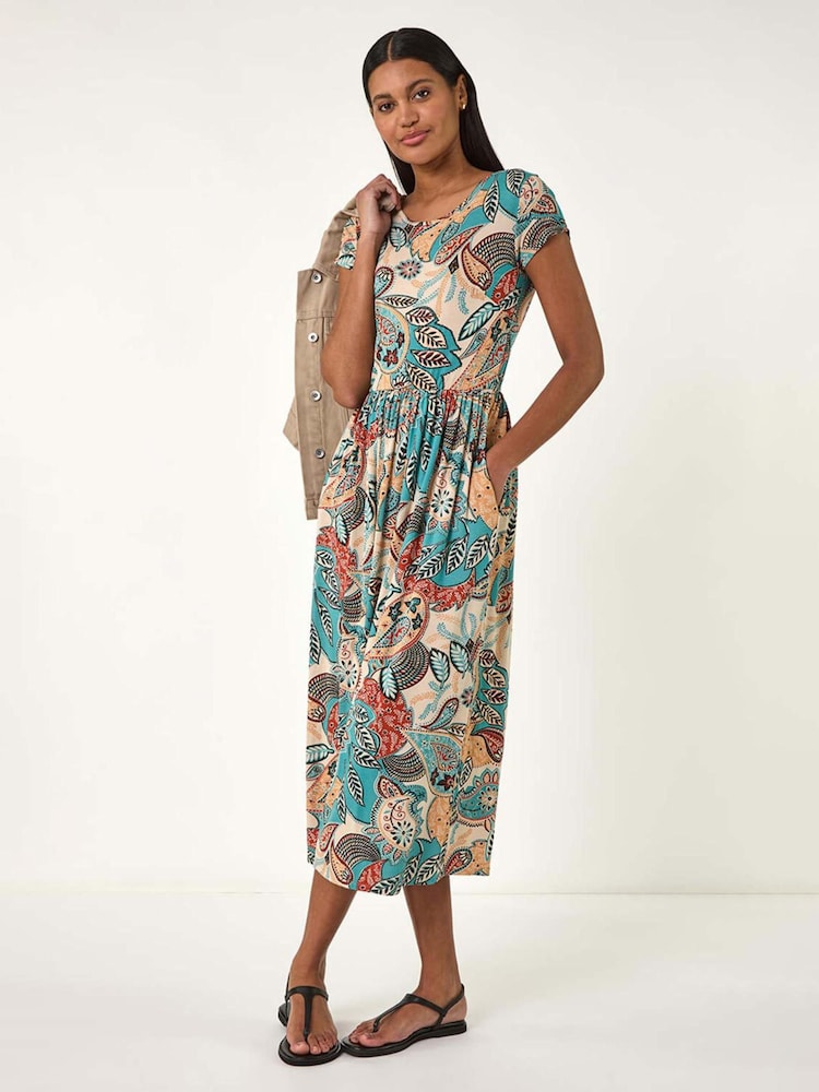Roman Blue Paisley Print Short Sleeve Midi Dress - Image 2 of 5