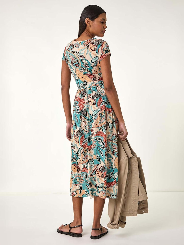 Roman Blue Paisley Print Short Sleeve Midi Dress - Image 3 of 5