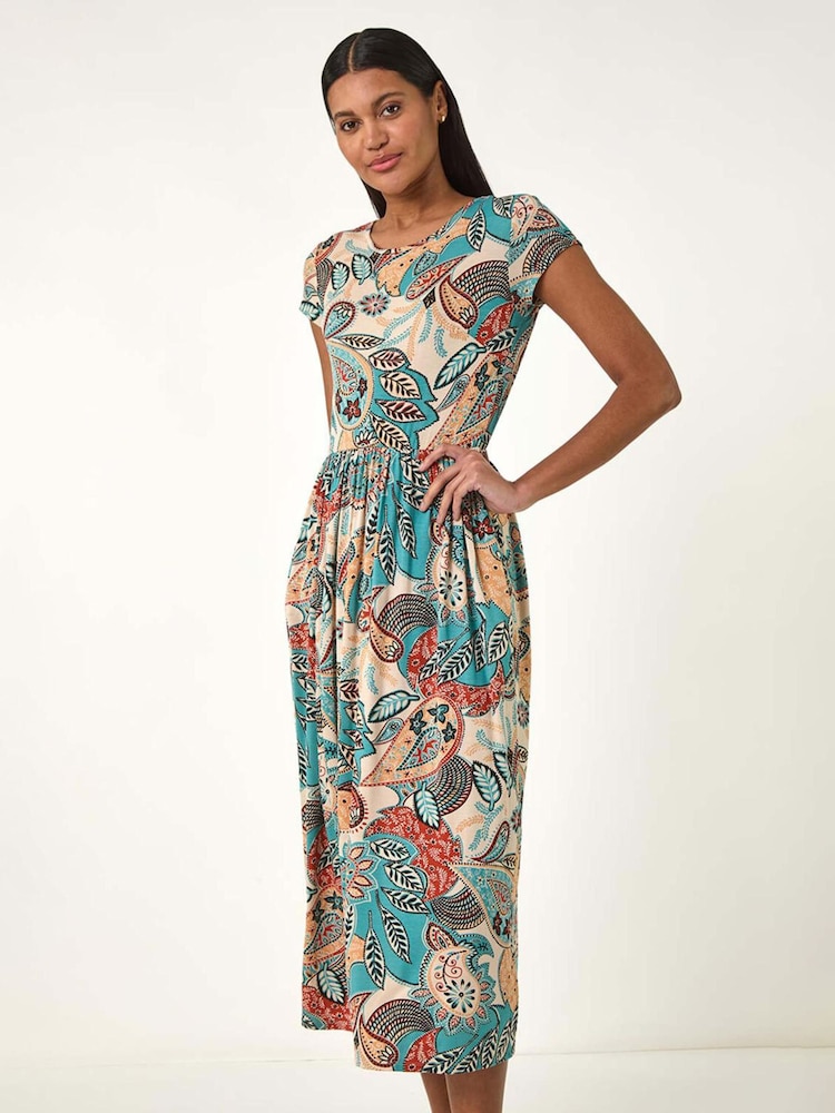 Roman Blue Paisley Print Short Sleeve Midi Dress - Image 4 of 5