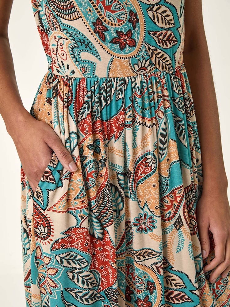 Roman Blue Paisley Print Short Sleeve Midi Dress - Image 5 of 5