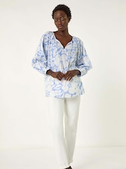 Roman Blue Floral Print Tie Neck Tunic Top - Image 2 of 5