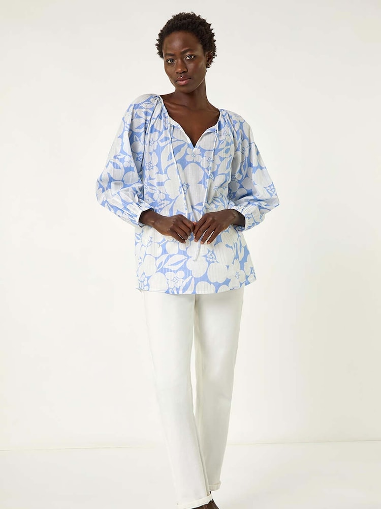 Roman Blue Floral Print Tie Neck Tunic Top - Image 2 of 5