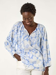 Roman Blue Floral Print Tie Neck Tunic Top - Image 4 of 5