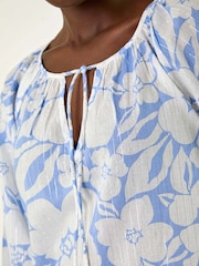Roman Blue Floral Print Tie Neck Tunic Top - Image 5 of 5