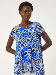 Roman Blue Textured Leaf Print Stretch Tunic Top - Image 1 of 5