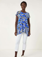 Roman Blue Textured Leaf Print Stretch Tunic Top - Image 2 of 5