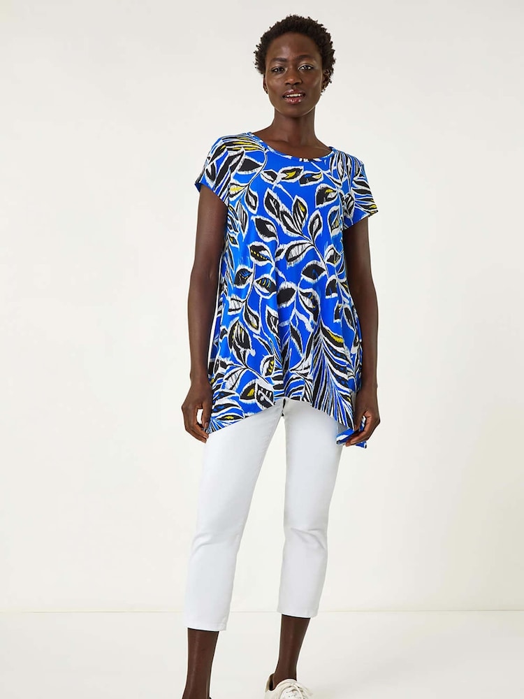 Roman Blue Textured Leaf Print Stretch Tunic Top - Image 2 of 5