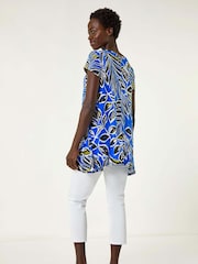 Roman Blue Textured Leaf Print Stretch Tunic Top - Image 3 of 5