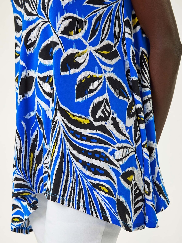 Roman Blue Textured Leaf Print Stretch Tunic Top - Image 5 of 5