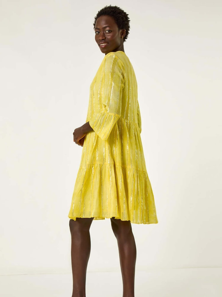 Roman Yellow Tie Dye Print Shimmer Smock Dress - Image 3 of 5