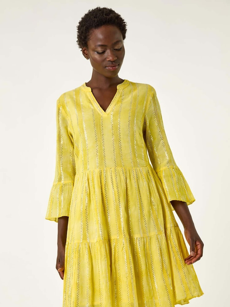 Roman Yellow Tie Dye Print Shimmer Smock Dress - Image 4 of 5