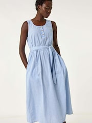 Roman Blue Pinstripe Belted 100% Cotton Midi Dress - Image 1 of 5
