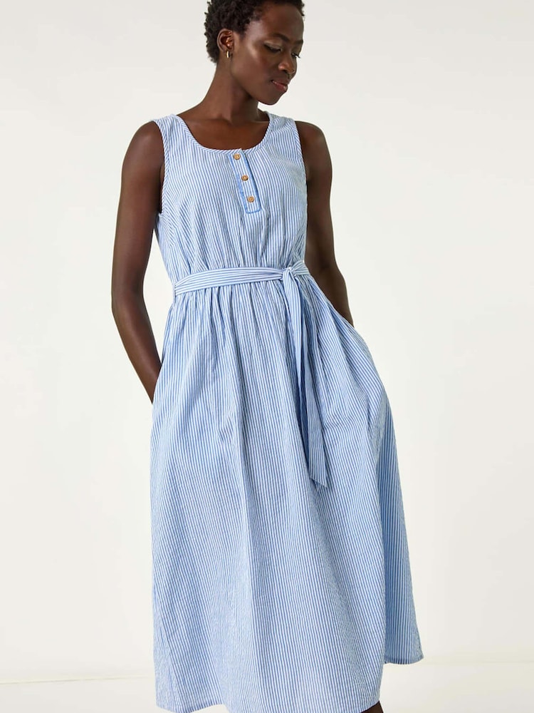 Roman Blue Pinstripe Belted 100% Cotton Midi Dress - Image 1 of 5