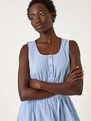 Roman Blue Pinstripe Belted 100% Cotton Midi Dress - Image 3 of 5