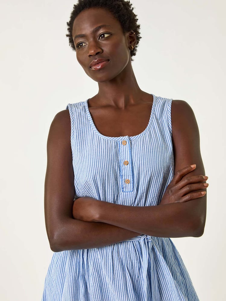 Roman Blue Pinstripe Belted 100% Cotton Midi Dress - Image 3 of 5