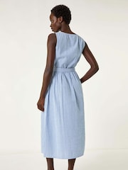 Roman Blue Pinstripe Belted 100% Cotton Midi Dress - Image 4 of 5