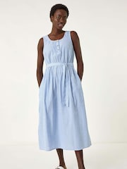 Roman Blue Pinstripe Belted 100% Cotton Midi Dress - Image 5 of 5