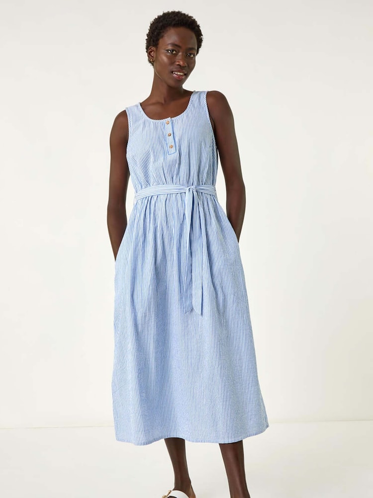 Roman Blue Pinstripe Belted 100% Cotton Midi Dress - Image 5 of 5