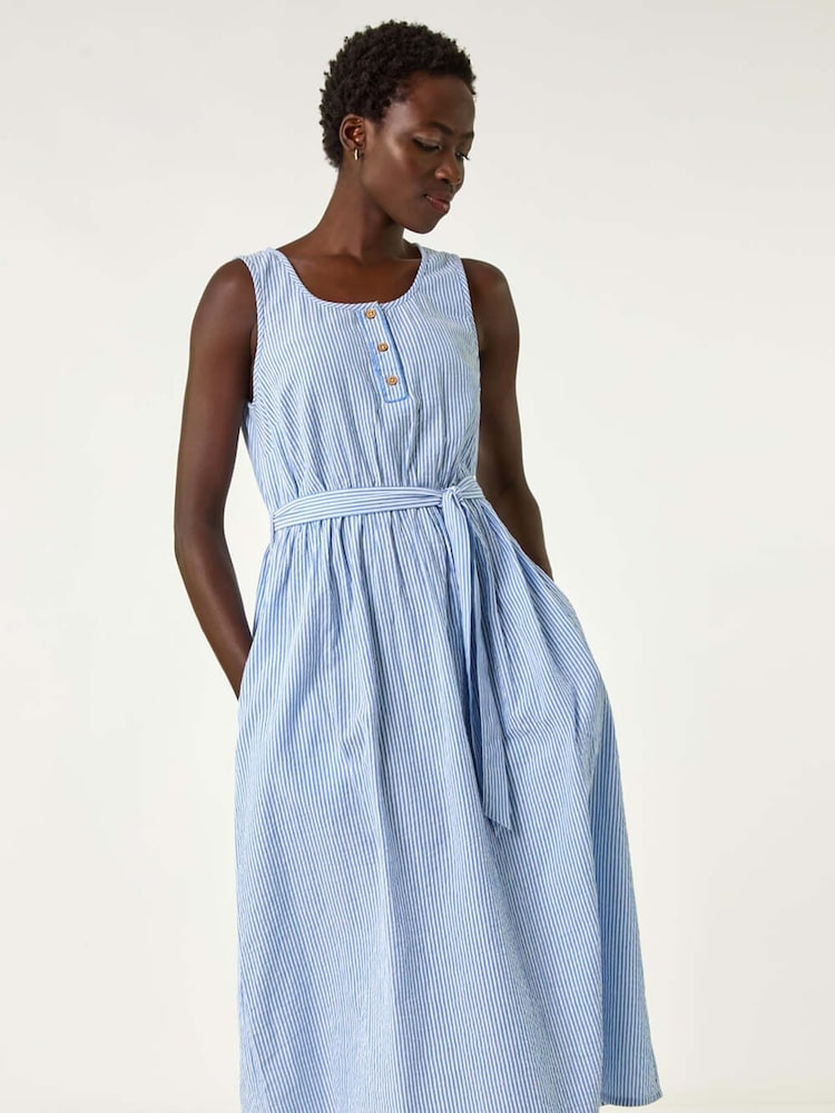 Roman Blue Pinstripe Belted 100% Cotton Midi Dress - Image 5 of 5 Roman Blue Pinstripe Belted 100% Cotton Midi Dress - Image 5 of 5