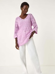 Roman Purple Cotton Crochet 100% Cotton Tunic Top - Image 3 of 5