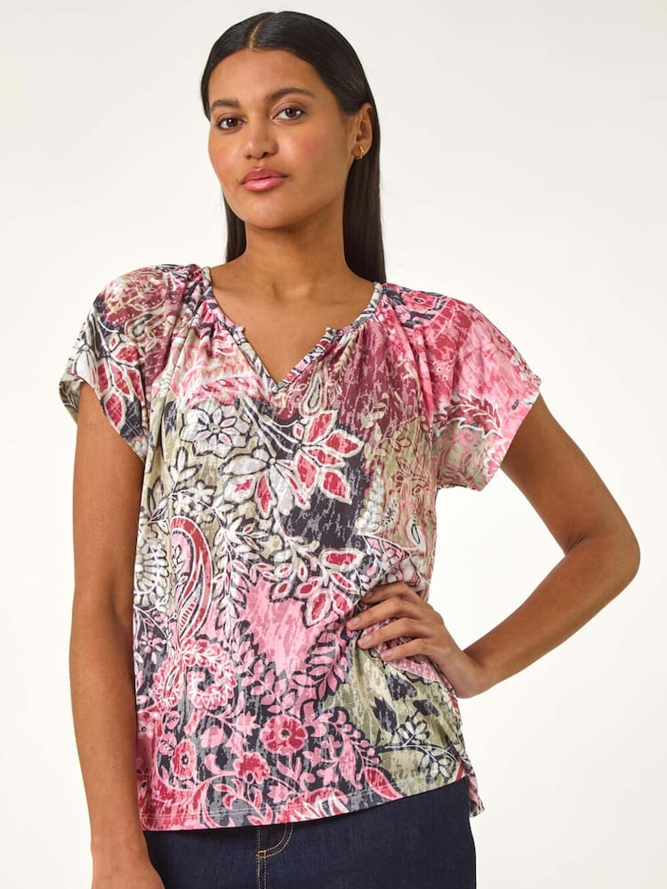 Roman Green Paisley Print V-Neck Raglan Top - Image 1 of 5