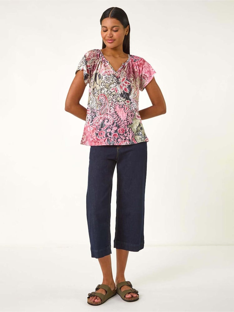 Roman Green Paisley Print V-Neck Raglan Top - Image 2 of 5