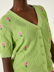 Roman Green Textured Floral Print Embroidered 100% Cotton Cardigan - Image 3 of 5