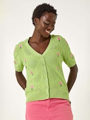 Roman Green Textured Floral Print Embroidered 100% Cotton Cardigan - Image 4 of 5