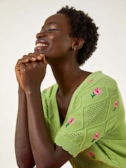 Roman Green Textured Floral Print Embroidered 100% Cotton Cardigan - Image 5 of 5