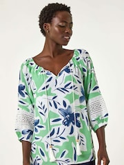 Roman Green Floral Print Tie Front Top - Image 1 of 5