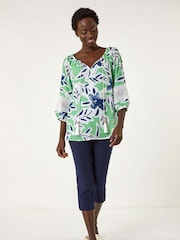Roman Green Floral Print Tie Front Top - Image 2 of 5