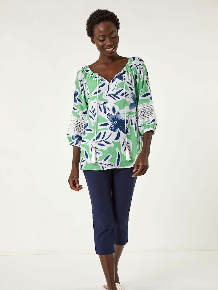 Roman Green Floral Print Tie Front Top - Image 2 of 5