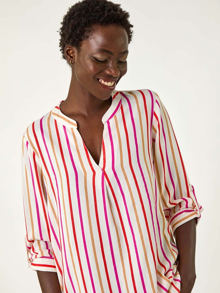 Roman Pink Vertical Stripe Pleat Detail Top - Image 1 of 5