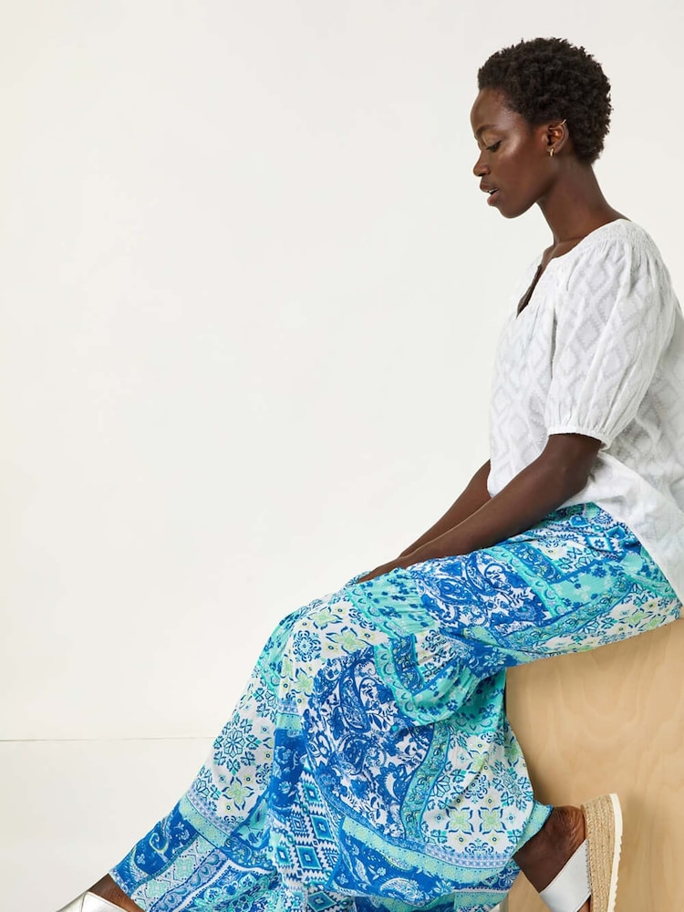Roman Blue Patchwork Shimmer Tiered Maxi Skirt - Image 1 of 5