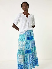 Roman Blue Patchwork Shimmer Tiered Maxi Skirt - Image 2 of 5