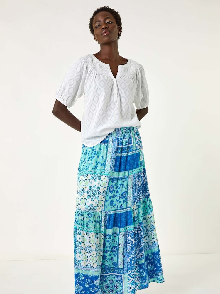 Roman Blue Patchwork Shimmer Tiered Maxi Skirt - Image 2 of 5