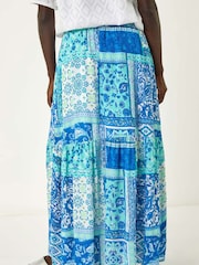 Roman Blue Patchwork Shimmer Tiered Maxi Skirt - Image 3 of 5