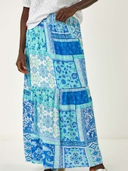 Roman Blue Patchwork Shimmer Tiered Maxi Skirt - Image 4 of 5