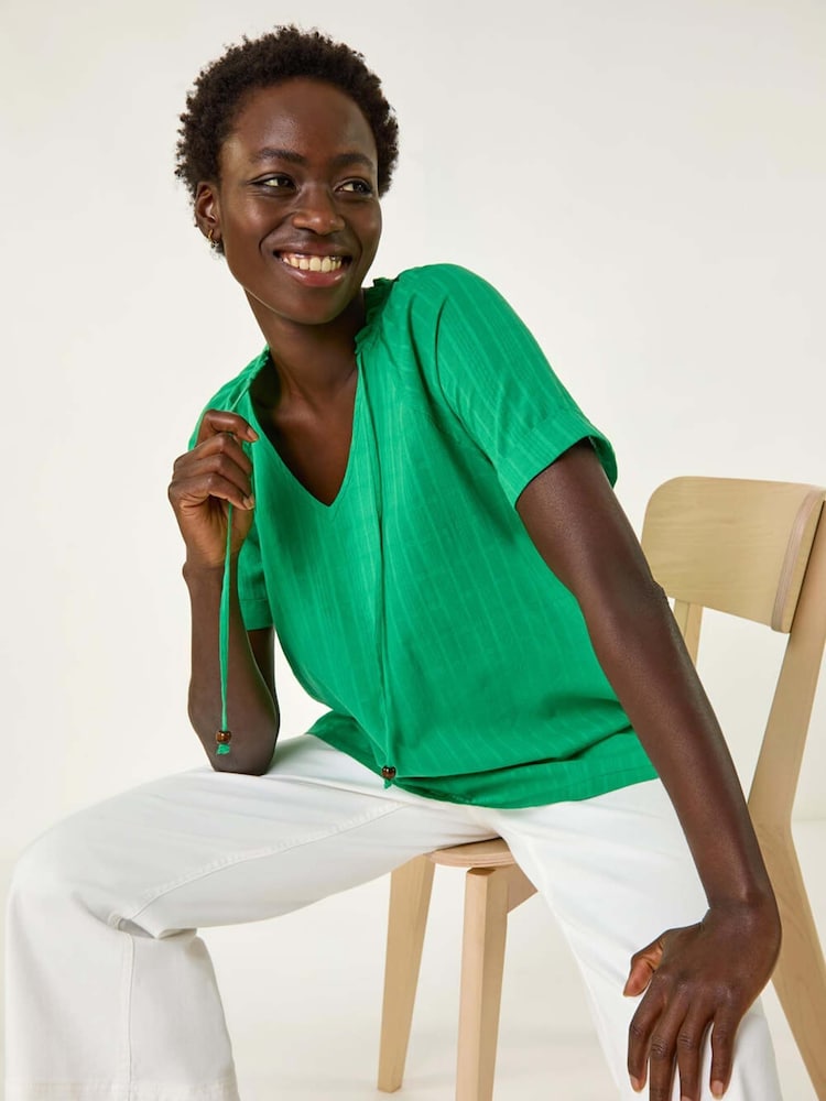 Roman Textured Tie V-Neck 100% Cotton Top - Imagen 1 de 5