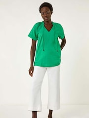 Roman Textured Tie V-Neck 100% Cotton Top - Imagen 2 de 5