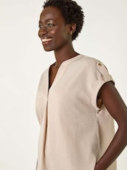 Roman Natural Pleated Notch Neck Top - Image 1 of 5
