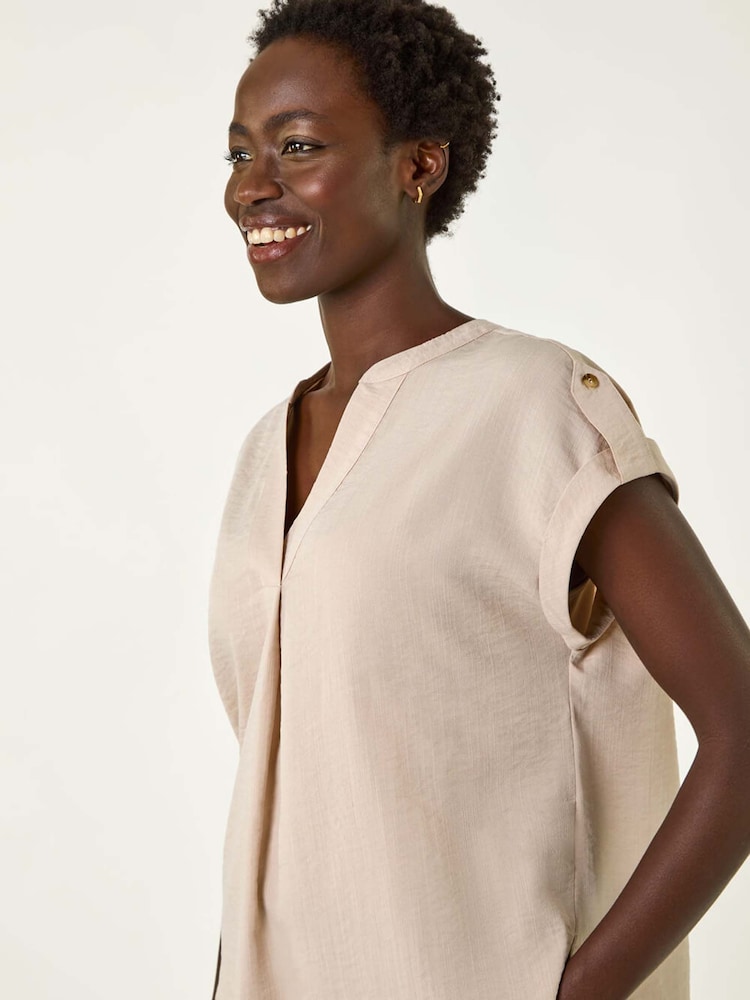 Roman Natural Pleated Notch Neck Top - Image 1 of 5